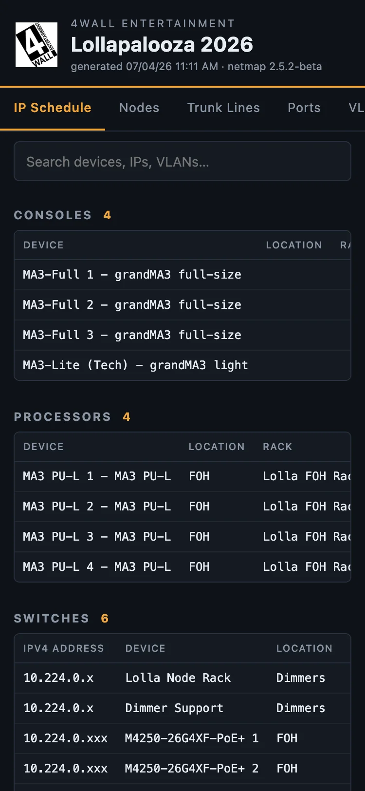 A published netmap show open on a phone: the IP schedule for the Lollapalooza 2026 demo, consoles and processors listed with their addresses.